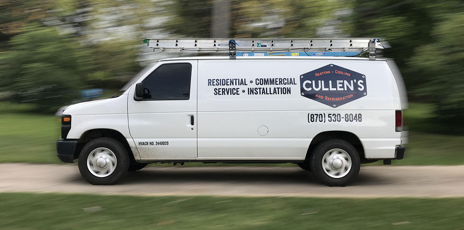 Cullen's Heating, Cooling and Refrigeration service van driving on the road